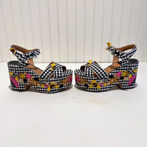 Laurence Dacade Helissa Navy Gingham Floral Embroidered Preppy Wedge Heels 39 - Picture 5 of 10